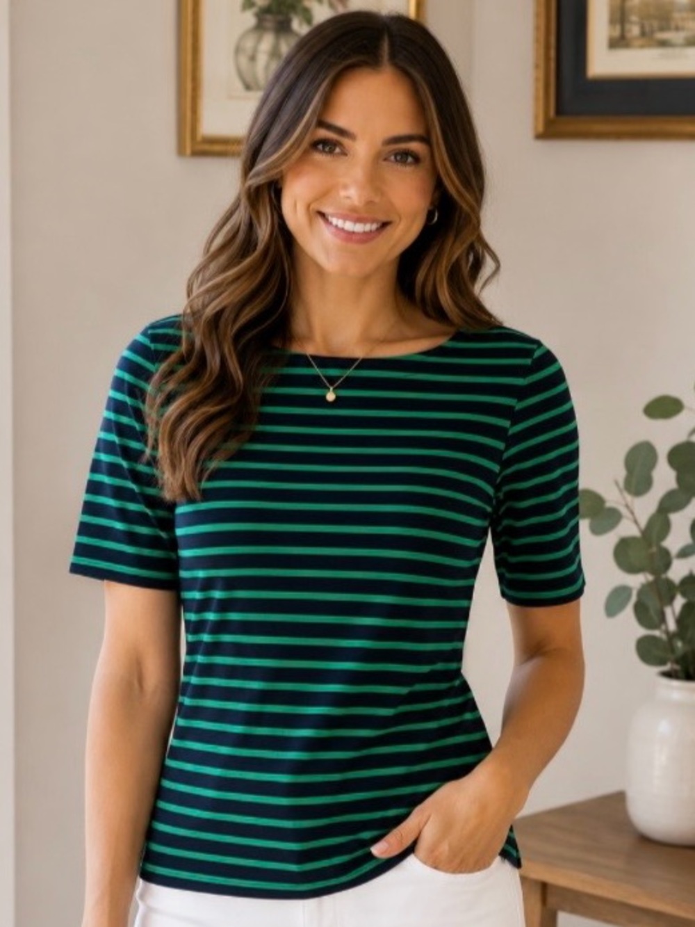 Banana Repubic Womens Sz 2 Green Black Stripe Victorian Sage Stretch Top Preppy